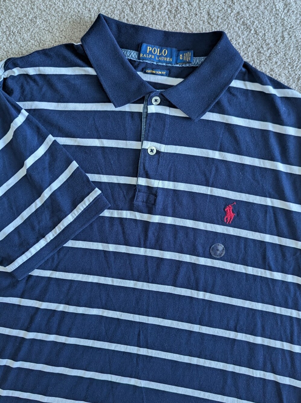 NWOT Polo Ralph Lauren Men's Pique Navy Blue Stripe Cotton Polo Shirt Slim Sz XL